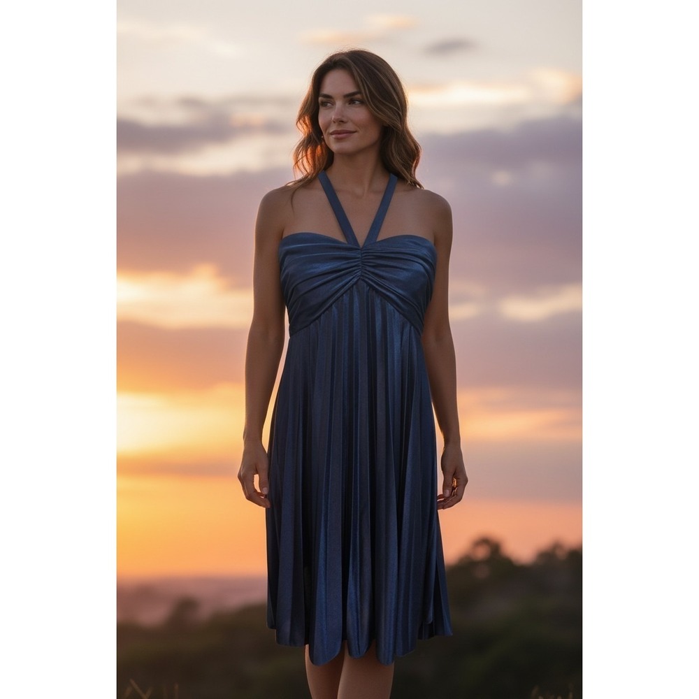 Blondie Nites Dress 9 Navy Blue Pleated Metallic Halter Party Cocktail Y2K